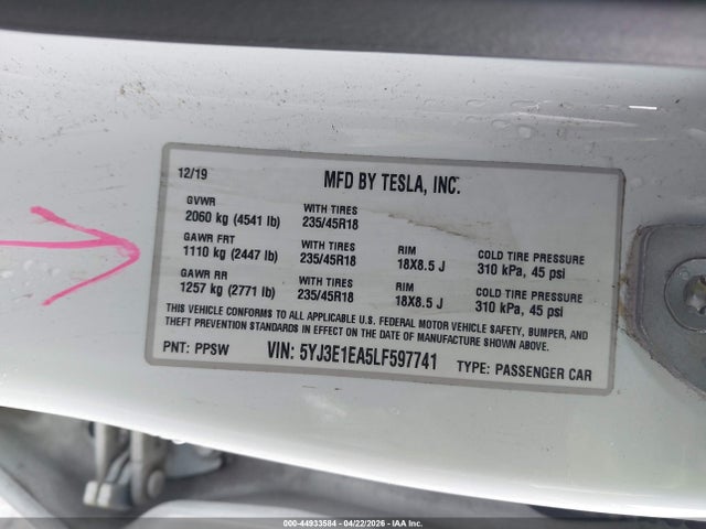 Продаж на аукціоні авто 2020 Tesla Model 3 Standard Range Plus Rear-wheel Drive/standard Range Rear-wheel Drive, vin: 5YJ3E1EA5LF597741, номер лоту: 44933584