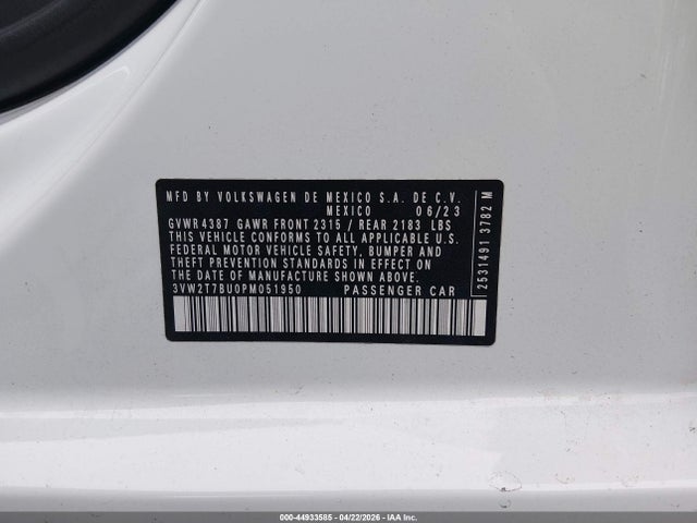 44933585 :رقم المزاد ، 3VW2T7BU0PM051950 vin ، 2023 Volkswagen Jetta Gli 2.0t Autobahn مزاد بيع