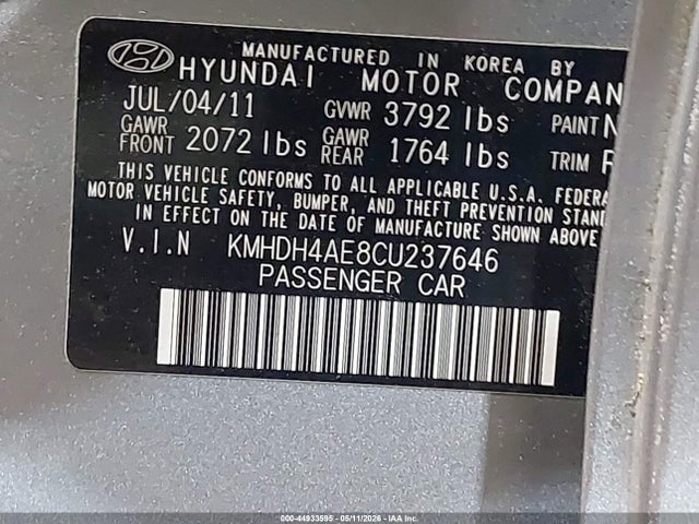 Продажа на аукционе авто 2012 Hyundai Elantra Gls (ulsan Plant), vin: KMHDH4AE8CU237646, номер лота: 44933595