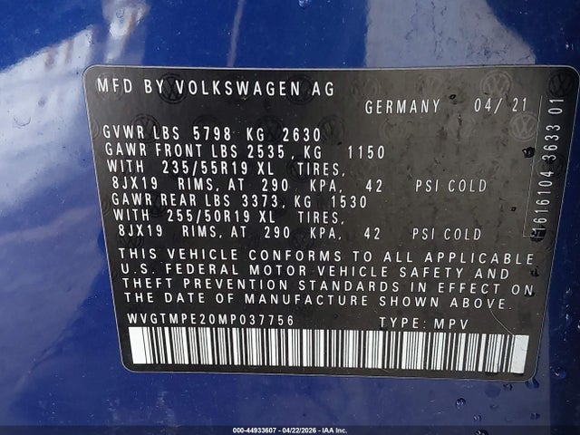 Продаж на аукціоні авто 2021 Volkswagen Id.4 Pro S, vin: WVGTMPE20MP037756, номер лоту: 44933607