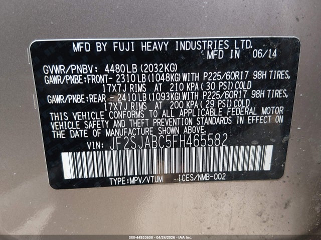 44933608 :رقم المزاد ، JF2SJABC5FH465582 vin ، 2015 Subaru Forester 2.5i مزاد بيع