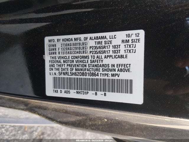 Aukcja sprzedaży 2013 Honda Odyssey Ex-l, vin: 5FNRL5H62DB010864, numer aukcji: 44933614