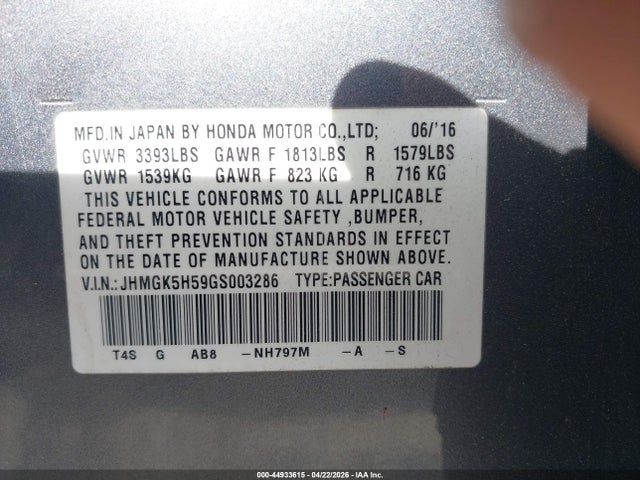JHMGK5H59GS003286 Honda FIT LX