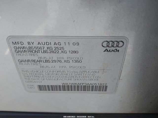 44933623 :رقم المزاد ، WA1WKAFP3AA051822 vin ، 2010 Audi Q5 3.2 Premium مزاد بيع