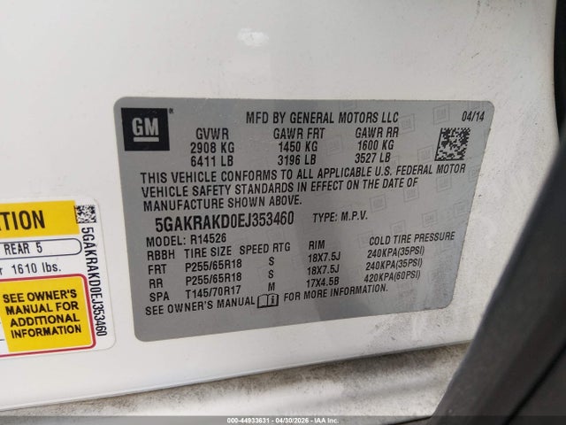 Продаж на аукціоні авто 2014 Buick Enclave Convenience, vin: 5GAKRAKD0EJ353460, номер лоту: 44933631