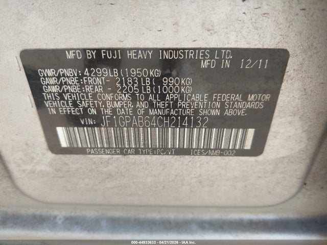 44933633 :رقم المزاد ، JF1GPAB64CH214132 vin ، 2012 Subaru Impreza 2.0i Premium مزاد بيع