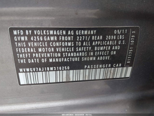 2011 Volkswagen Gti 4-door მანქანა იყიდება აუქციონზე, vin: WVWGV7AJ1BW316250, აუქციონის ნომერი: 44933634