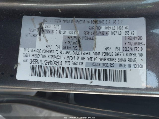 3MZBN1U72HM104504 Mazda Mazda3 Sport