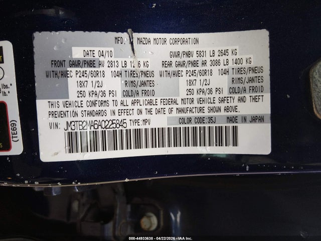 Продажа на аукционе авто 2010 Mazda Cx-9 Touring, vin: JM3TB2MA6A0225845, номер лота: 44933638