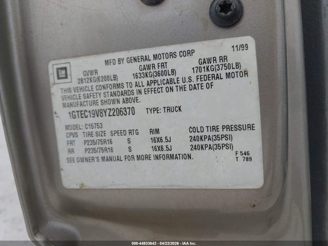 Продаж на аукціоні авто 2000 Gmc Sierra 1500 Sl, vin: 1GTEC19V8YZ206370, номер лоту: 44933642