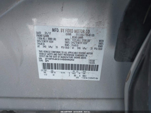 44933659 :رقم المزاد ، 2FMPK4K91HBB98282 vin ، 2017 Ford Edge Titanium مزاد بيع