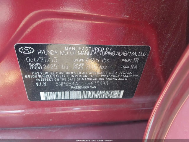 44933672 :رقم المزاد ، 5NPEB4AC0EH835848 vin ، 2014 Hyundai Sonata Gls مزاد بيع