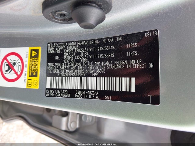 2019 Toyota Highlander Limited Platinum მანქანა იყიდება აუქციონზე, vin: 5TDDZRFH3KS919547, აუქციონის ნომერი: 44933680