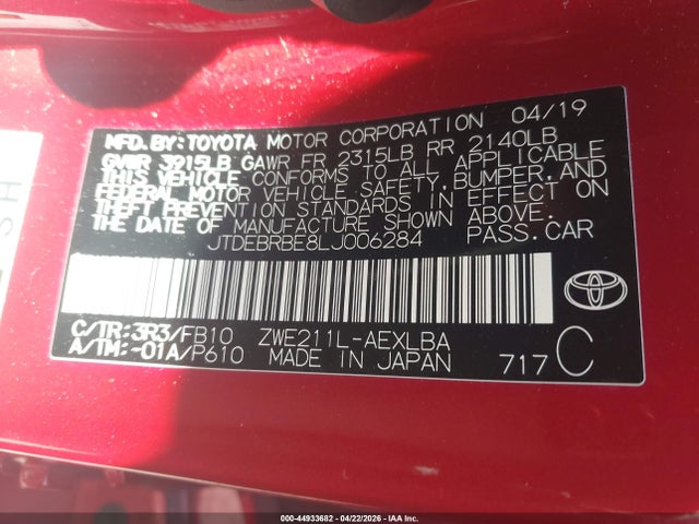 JTDEBRBE8LJ006284 Toyota Corolla Hybrid Le
