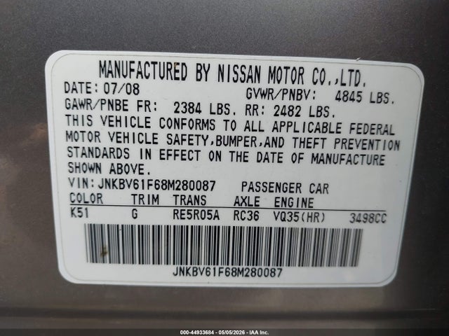 44933684 :رقم المزاد ، JNKBV61F68M280087 vin ، 2008 Infiniti G35x مزاد بيع