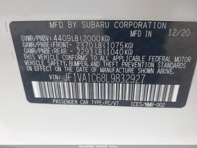 Aukcja sprzedaży 2020 Subaru Wrx Premium, vin: JF1VA1C68L9832927, numer aukcji: 44933689