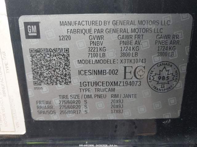 Aukcja sprzedaży 2021 Gmc Sierra 1500 Elevation, vin: 1GTU9CEDXMZ194073, numer aukcji: 44933696