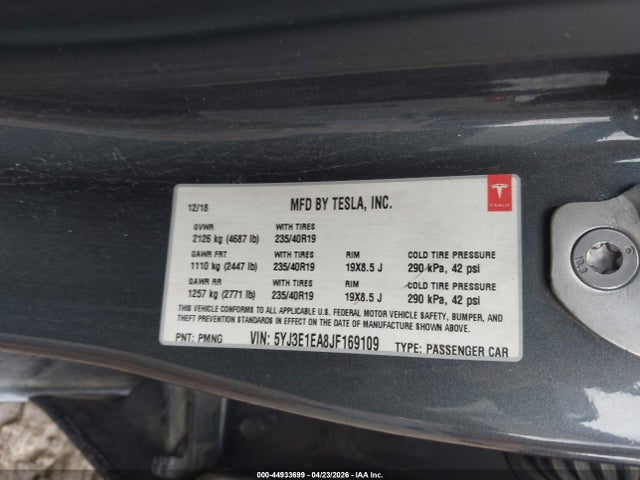 2018 Tesla Model 3 მანქანა იყიდება აუქციონზე, vin: 5YJ3E1EA8JF169109, აუქციონის ნომერი: 44933699