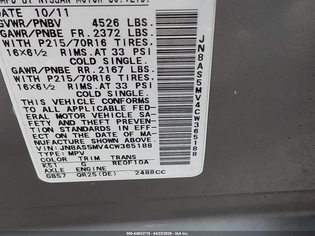 44933718 :رقم المزاد ، JN8AS5MV4CW365188 vin ، 2012 Nissan Rogue S مزاد بيع