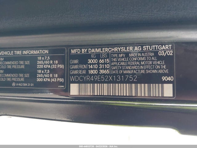 2002 Mercedes-benz G 500 მანქანა იყიდება აუქციონზე, vin: WDCYR49E52X131752, აუქციონის ნომერი: 44933728