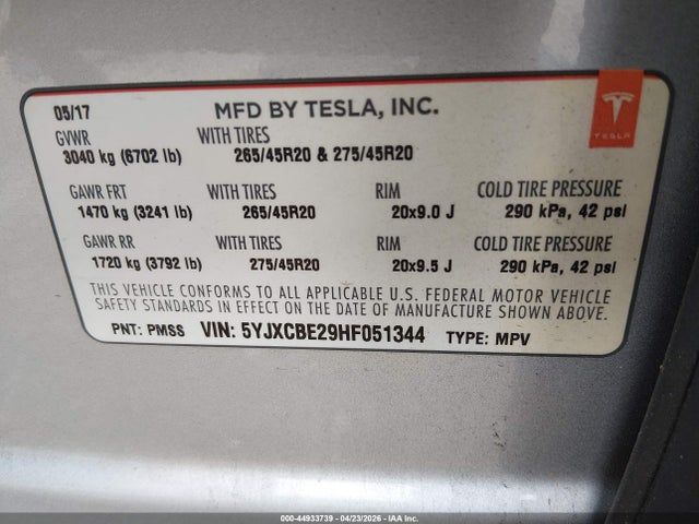 Aukcja sprzedaży 2017 Tesla Model X 100d/75d/90d, vin: 5YJXCBE29HF051344, numer aukcji: 44933739