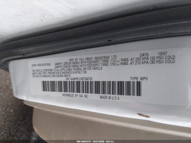 44933741 :رقم المزاد ، 4S4BP61C687339733 vin ، 2008 Subaru Outback 2.5i/2.5i L.l. Bean Edition مزاد بيع