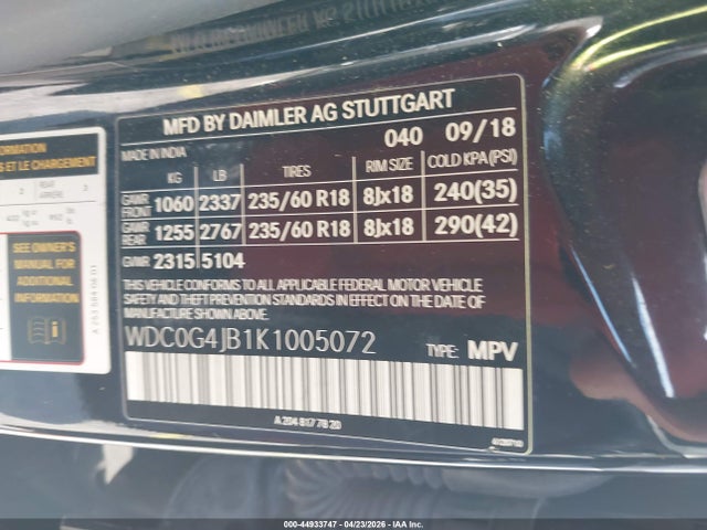 44933747 :رقم المزاد ، WDC0G4JB1K1005072 vin ، 2019 Mercedes-benz Glc 300 مزاد بيع