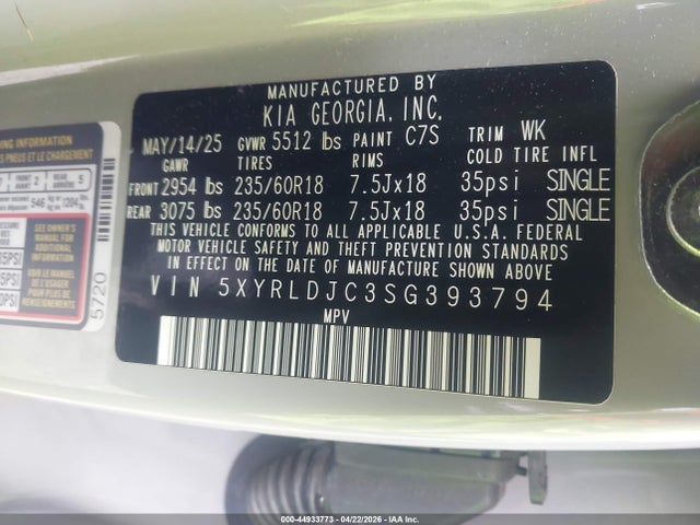 44933773 :رقم المزاد ، 5XYRLDJC3SG393794 vin ، 2025 Kia Sorento S مزاد بيع
