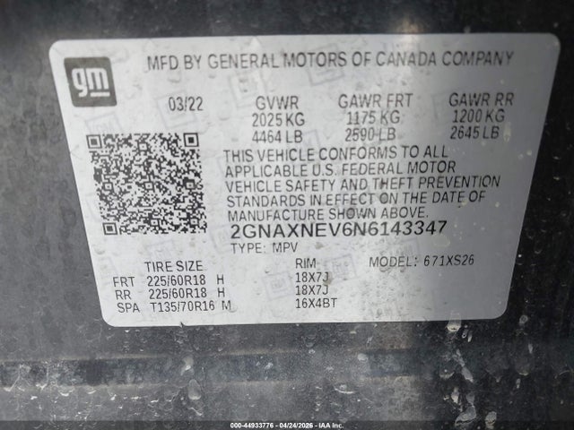 Продаж на аукціоні авто 2022 Chevrolet Equinox Fwd Premier, vin: 2GNAXNEV6N6143347, номер лоту: 44933776
