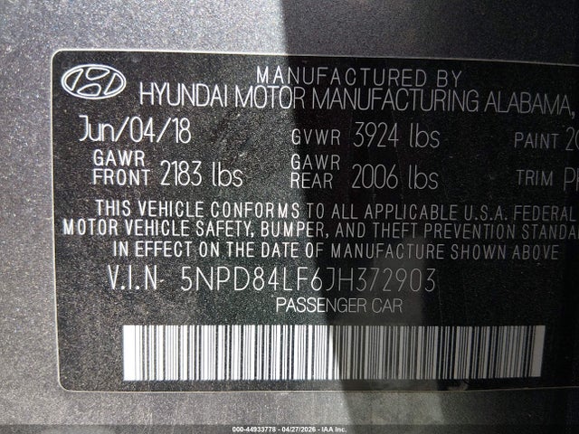 Продаж на аукціоні авто 2018 Hyundai Elantra Sel, vin: 5NPD84LF6JH372903, номер лоту: 44933778