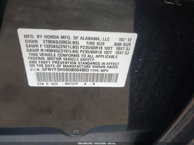 44933793 :رقم المزاد ، 5FNYF3H59DB004803 vin ، 2013 Honda Pilot Ex-l مزاد بيع