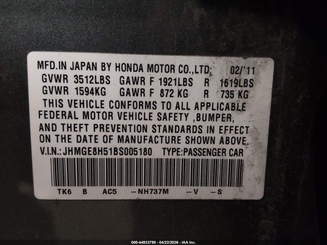 2011 Honda Fit Sport მანქანა იყიდება აუქციონზე, vin: JHMGE8H51BS005180, აუქციონის ნომერი: 44933798