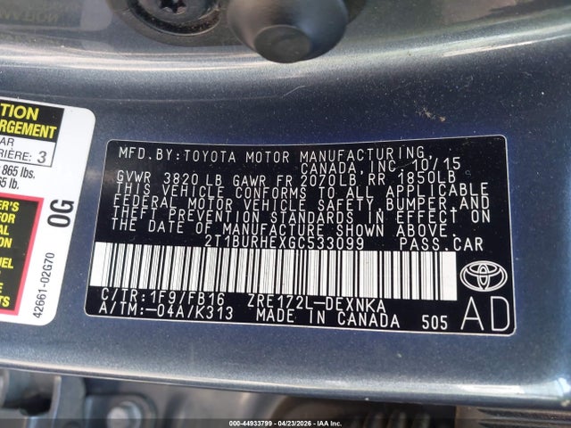 44933799 :رقم المزاد ، 2T1BURHEXGC533099 vin ، 2016 Toyota Corolla Le مزاد بيع