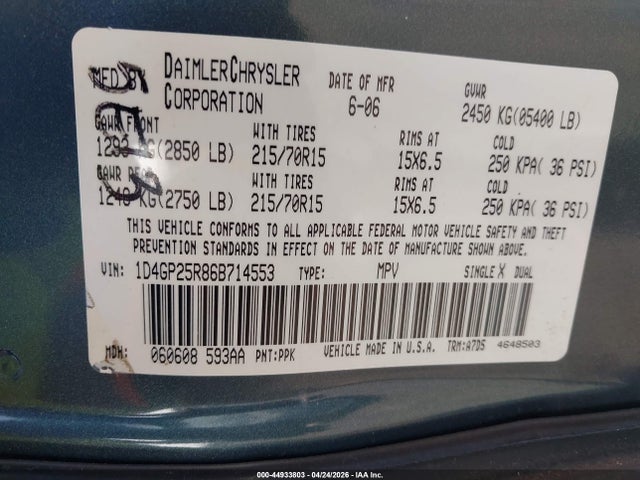 2006 Dodge Caravan Se მანქანა იყიდება აუქციონზე, vin: 1D4GP25R86B714553, აუქციონის ნომერი: 44933803