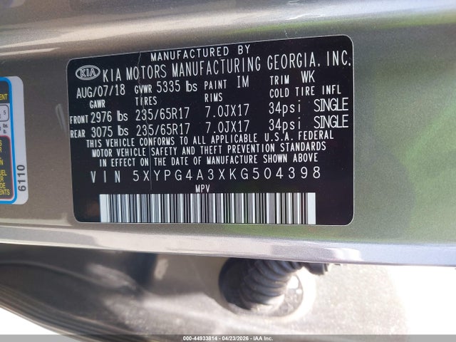 Продаж на аукціоні авто 2019 Kia Sorento 2.4l L, vin: 5XYPG4A3XKG504398, номер лоту: 44933814