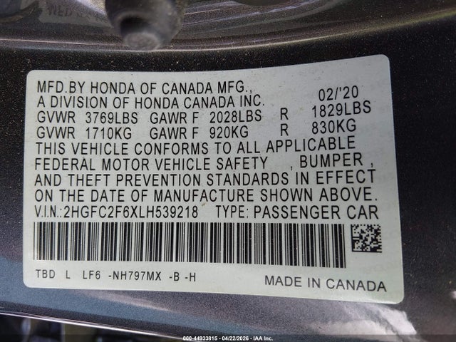2020 Honda Civic Lx მანქანა იყიდება აუქციონზე, vin: 2HGFC2F6XLH539218, აუქციონის ნომერი: 44933815