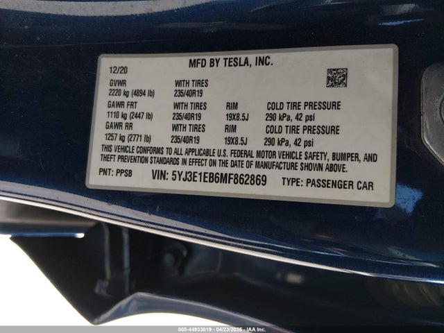 Aukcja sprzedaży 2021 Tesla Model 3 Long Range Dual Motor All-wheel Drive, vin: 5YJ3E1EB6MF862869, numer aukcji: 44933819