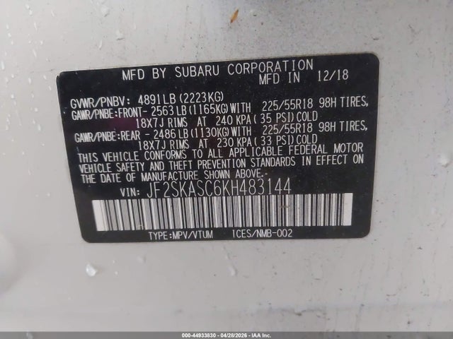 2019 Subaru Forester Limited მანქანა იყიდება აუქციონზე, vin: JF2SKASC6KH483144, აუქციონის ნომერი: 44933830