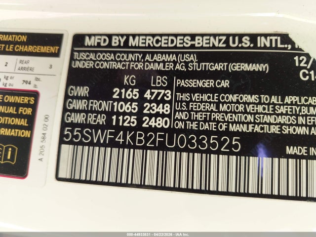 44933831 :رقم المزاد ، 55SWF4KB2FU033525 vin ، 2015 Mercedes-benz C 300 Luxury 4matic مزاد بيع