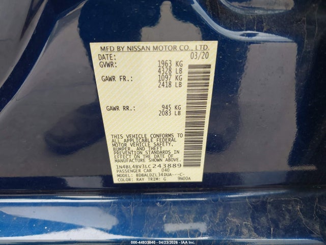 2020 Nissan Altima S Fwd მანქანა იყიდება აუქციონზე, vin: 1N4BL4BV3LC243889, აუქციონის ნომერი: 44933840