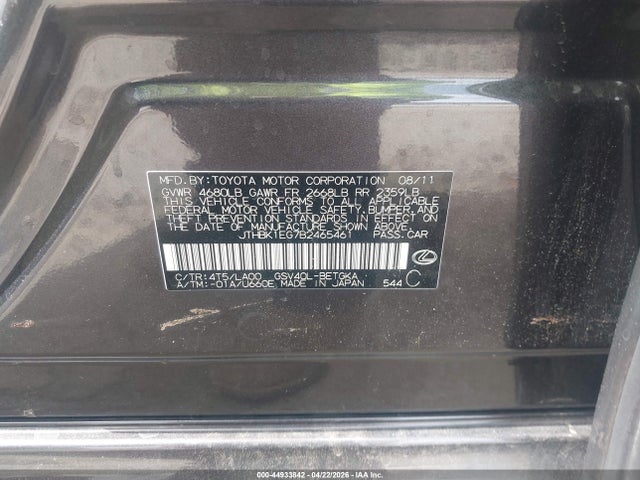 44933842 :رقم المزاد ، JTHBK1EG7B2465461 vin ، 2011 Lexus Es 350 مزاد بيع