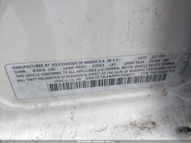 Продаж на аукціоні авто 2010 Volkswagen Jetta S, vin: 3VWJZ7AJ4AM076021, номер лоту: 44933859