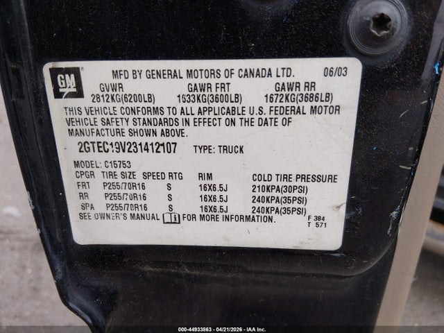 Продаж на аукціоні авто 2003 Gmc Sierra 1500 Sle, vin: 2GTEC19V231412107, номер лоту: 44933863