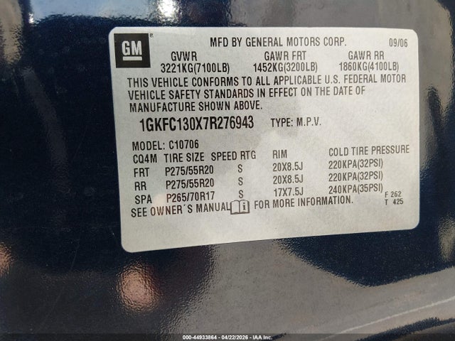 44933864 :رقم المزاد ، 1GKFC130X7R276943 vin ، 2007 Gmc Yukon Slt مزاد بيع