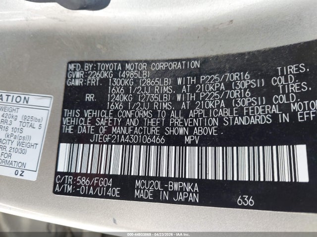 2003 Toyota Highlander V6 მანქანა იყიდება აუქციონზე, vin: JTEGF21A430106466, აუქციონის ნომერი: 44933869