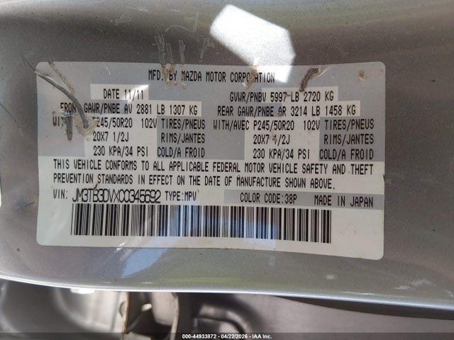 Продажа на аукционе авто 2012 Mazda Cx-9 Grand Touring, vin: JM3TB3DVXC0345692, номер лота: 44933872