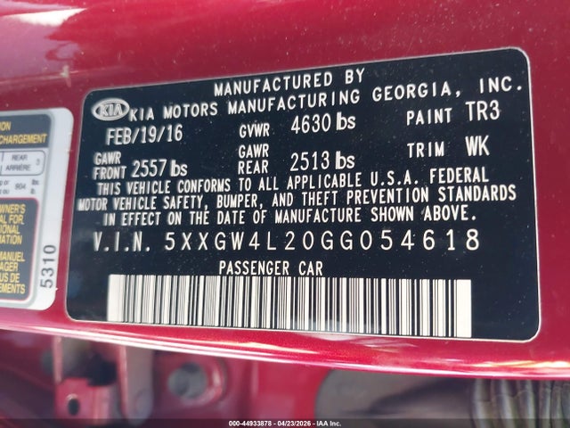 Auction sale of the 2016 Kia Optima Sx Turbo, vin: 5XXGW4L20GG054618, lot number: 44933878