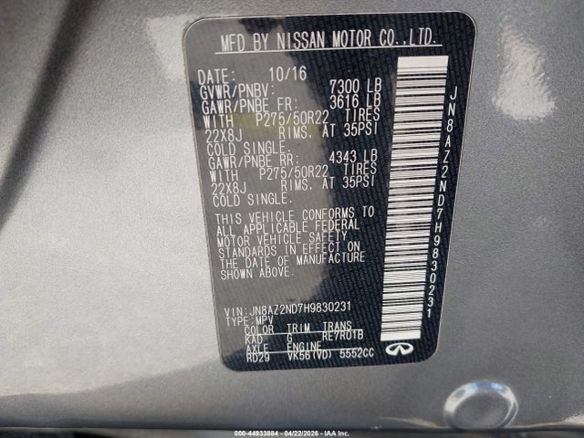 44933884 :رقم المزاد ، JN8AZ2ND7H9830231 vin ، 2017 Infiniti Qx80 مزاد بيع
