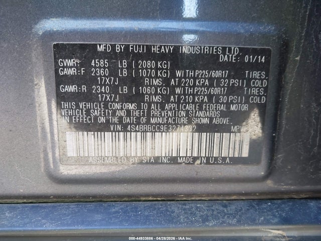 44933886 :رقم المزاد ، 4S4BRBCC9E3274332 vin ، 2014 Subaru Outback 2.5i Premium مزاد بيع