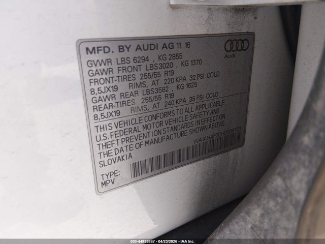 Продаж на аукціоні авто 2017 Audi Q7 2.0t Premium, vin: WA1AHAF70HD038723, номер лоту: 44933887